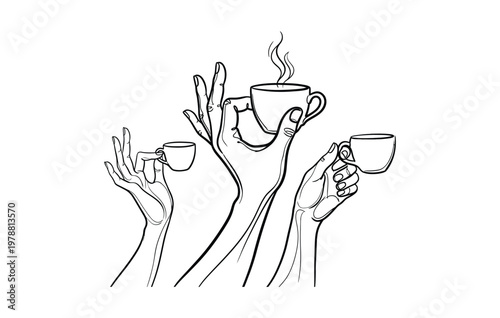 Three hands holding coffee cups in different positions  isolated on white background