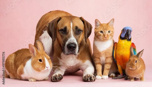 Group: ginger dog, ginger cat, ginger rabbit, and a brightly colored parrot. Wonderful life.