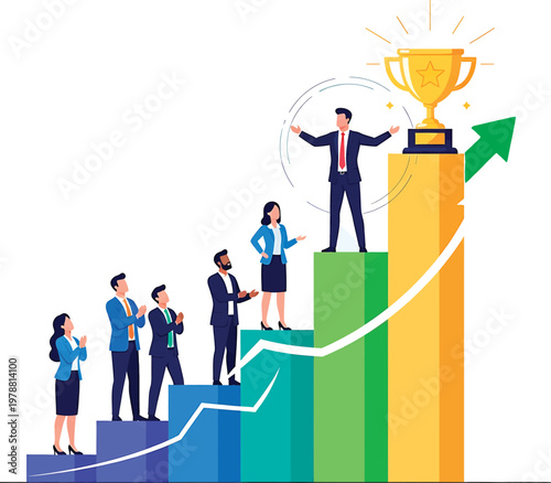 Professionals celebrating success on a colorful ascending staircase to victory Vector