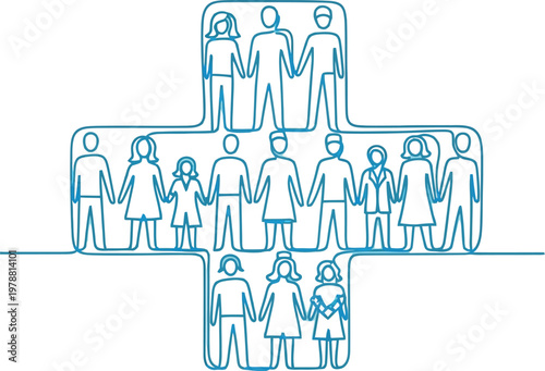 A continuous line illustration shows a diverse group of people standing together in a symbolic blue medical cross shape representing healthcare unity and community support