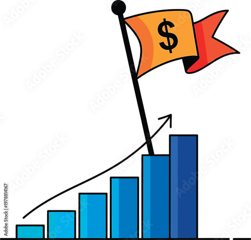 Rising financial success represented by a growing bar chart and dollar flag Vector