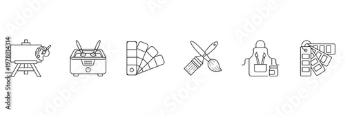 Artist equipment and studio supplies icon set with easel palette color swatches apron and brushes for creative work vector illustration