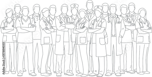 Diverse medical professionals including doctors and nurses stand together in a large group wearing lab coats and stethoscopes while posing confidently for a professional portrait