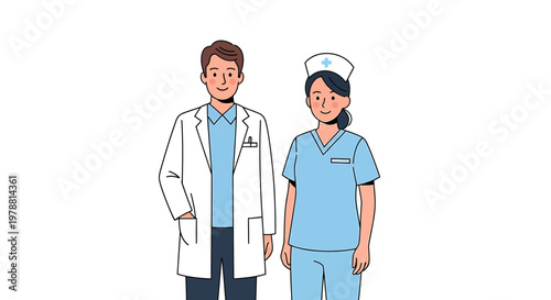 Friendly professional healthcare team illustration with a male doctor and female nurse providing medical support and dedicated patient care services in a welcoming, approachable manner