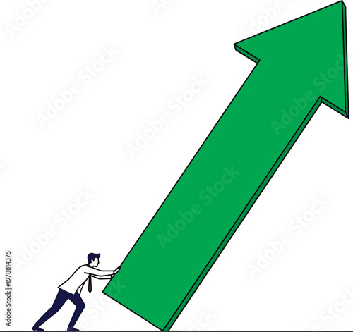 Person struggling to push a massive upward growth arrow symbolizing challenges in progress Vector