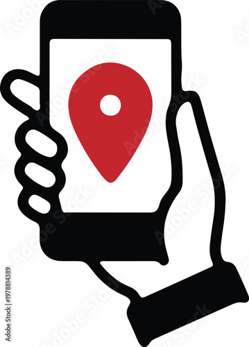 Mobile navigation vector icon, hand holding smartphone with red location pin, GPS tracking and map app symbol, digital wayfinding and geotagging graphic for modern technology and travel designs