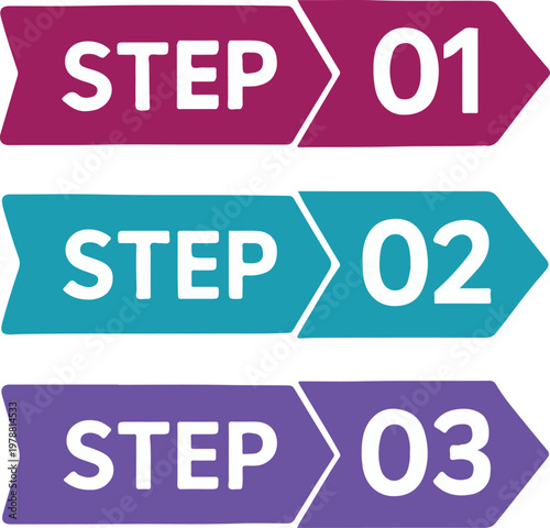 Three-step infographic process, a vibrant vector design for sequential steps, business workflow, and educational presentations. Colorful arrow banners with 'STEP 01', 'STEP 02'