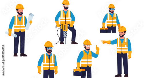 Construction workers in various poses with tools and blueprints, representing the building industry and labor