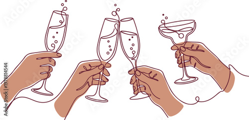 Continuous line art hands holding champagne flutes and cocktail glasses, a minimalist vector illustration for celebration, toast, party, and event invitations. Elegant one-line drawing of cheers
