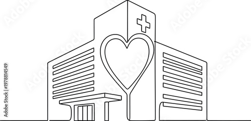 Simple line art drawing of a modern hospital building featuring a heart symbol representing love and compassionate care for patients in a professional medical center