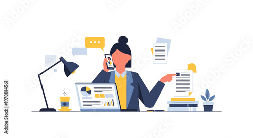Efficient professional woman working remotely at her desk, managing phone calls, reviewing documents, and analyzing data on her laptop