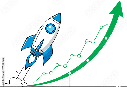 A rocket launching towards an exponential growth chart symbolizing rapid progress and success Vector