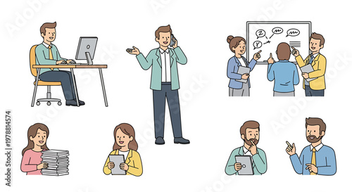 Diverse business professionals engaged in various office tasks and modern communication, illustrating efficient workflow and teamwork in a contemporary setting