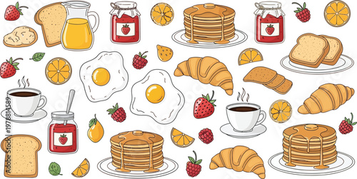 Breakfast food seamless pattern pancakes fruit toast and beverages