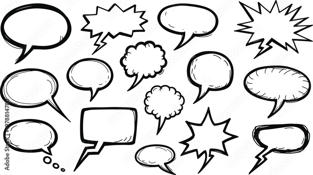 Fototapeta premium Collection of hand drawn comic book speech bubbles and explosion effects