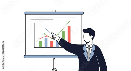 Man presenting a bar graph with upward trend, illustrating business growth and financial success in a presentation