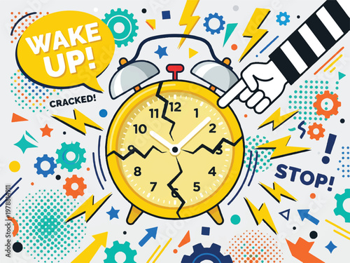 A cracked alarm clock with a hand pressing the snooze button surrounded by colorful icons and symbols on a white background  wake up concept