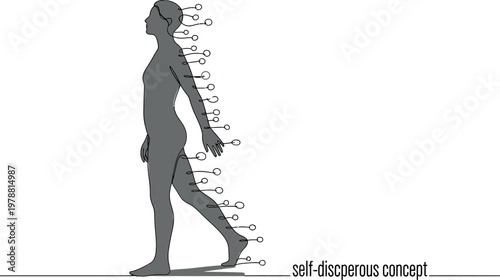 Human silhouette fading away into connected circular nodes representing a philosophical concept of self disperous identity in a minimalist continuous line art style digital drawing graphic