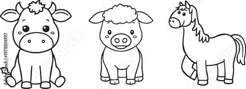 A black and white illustration of various sea creaturesA black and white illustration of four farm animals on transparent background on transparent background