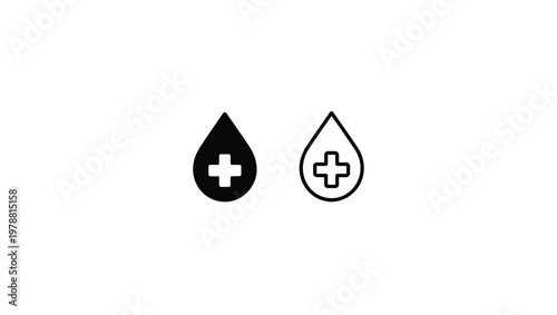 minimal blood drop with medical cross icon set black and white solid and outline vector healthcare donation symbol simple graphic design