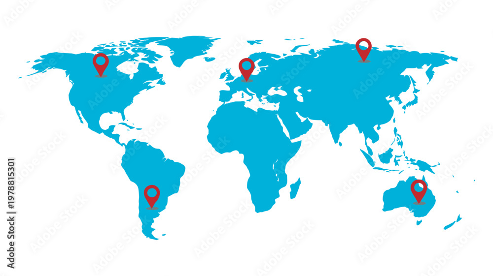 Fototapeta premium Vector world map with pointers, international locations, global connections, flat and outline style, scalable editable map vector collection