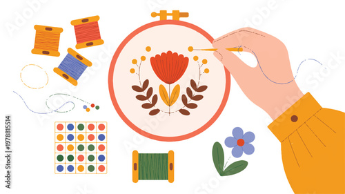 Person embroidering a flower design with colorful threads and needle