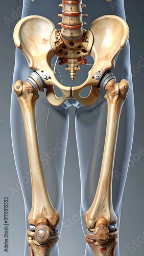 Anatomical illustration showing the human pelvis, including the hip joints and femurs, with a transparent body outline