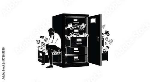 overwhelmed businessman surrounded by paperwork and files