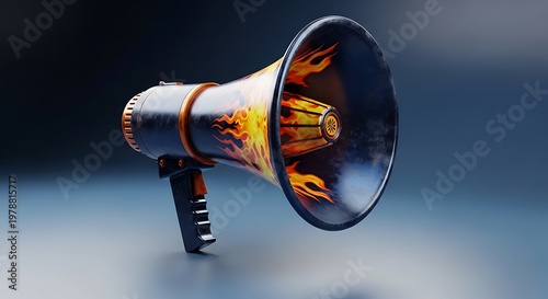 Graphic rendering of a megaphone with flames on a reflective surface