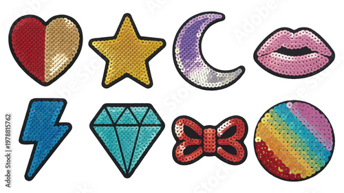 Sequin patches in various shapes and colors on white background