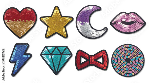 Sequin patches in various shapes and colors on white background