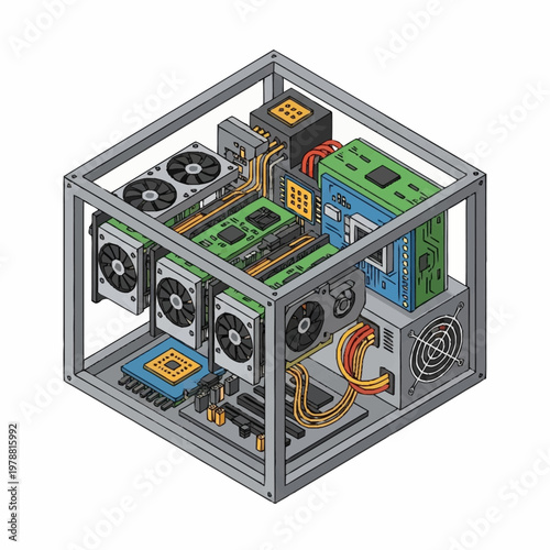 Computer mining rig with multiple graphics cards and fans.