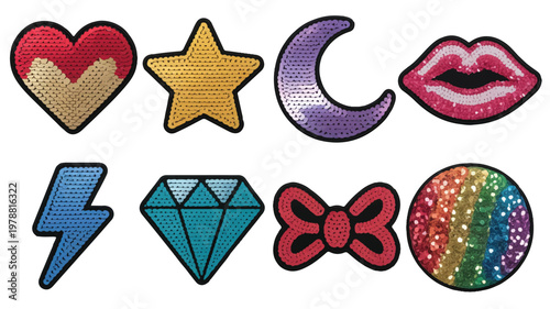 Set of colorful embroidered patches with various shapes and designs