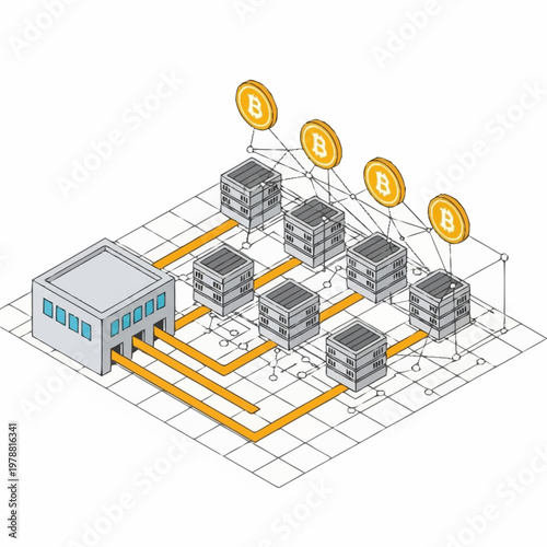 Digital currency mining farm illustration with bitcoin coins.