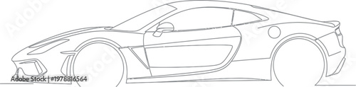Continuous line drawing of a sleek sports car featuring an aerodynamic profile created with a single minimalist black stroke on a plain white isolated background