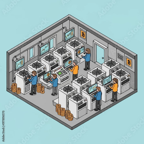 Cryptocurrency mining farm with workers and computers.