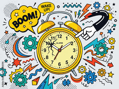 Cartoon alarm clock with hand and various colorful illustrations  wake up concept