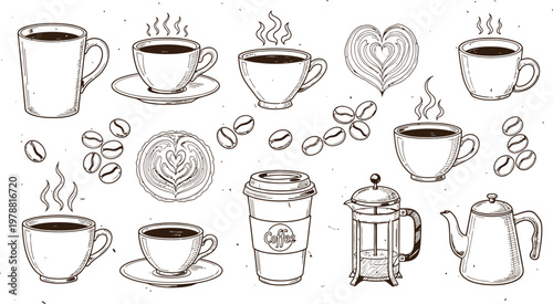 Coffee collection hand drawn illustration of cups pots and beans
