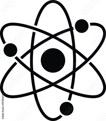Black atom symbol with orbiting electrons nucleus