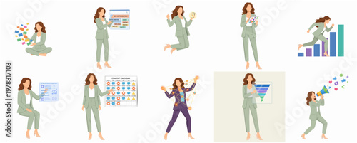 Flat Style Woman in Suit Various Actions and Poses Business Illustration