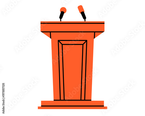Hand drawn cute illustration of speaker podium with two microphones. Flat vector audience talking stand doodle. Candidate election campaign icon. Political debates concept. Isolated.