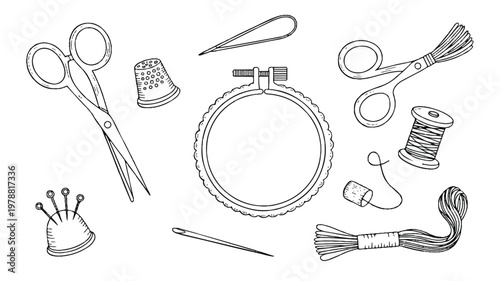 Sewing tools and accessories for embroidery and needlework isolated on white background