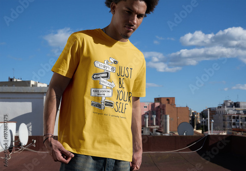 Mockup of a White T-Shirt on a Rooftop