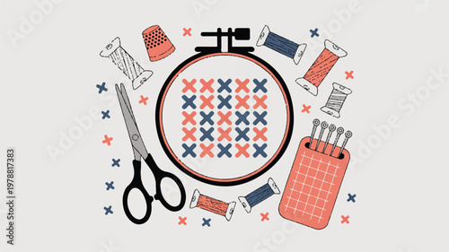 sewing tools and embroidery hoop with colorful threads and scissors for craft projects