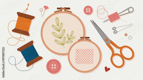 sewing tools and embroidery hoops with threads and buttons on white background