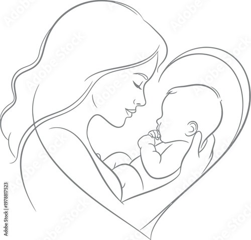 A beautiful minimalist line art illustration depicting a loving mother tenderly holding her precious newborn baby in a comforting embrace, symbolizing maternal love and protection.