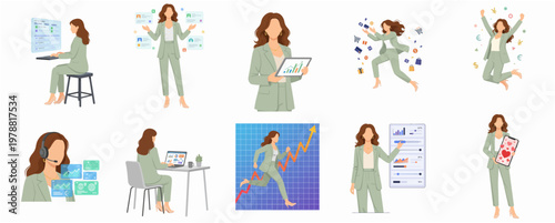 Flat Style Businesswoman Character Set in Diverse Poses and Activities Illustration