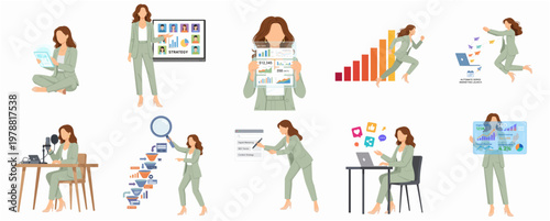Flat Illustration Business Woman Character Presentation With Data Chart and Technology