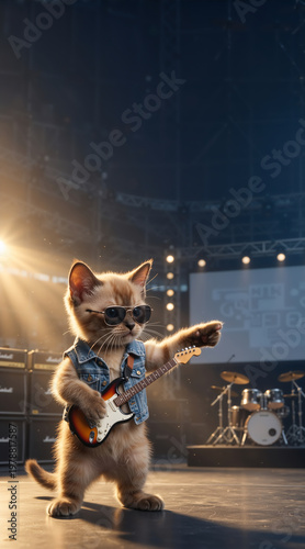 Cool kitten wearing sunglasses and a denim vest playing electric guitar. Rock star cat performing on a concert stage. Music and entertainment concept