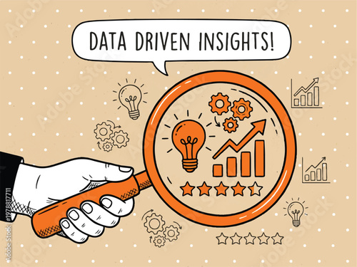 Data driven insights concept with magnifying glass and business icons on beige background